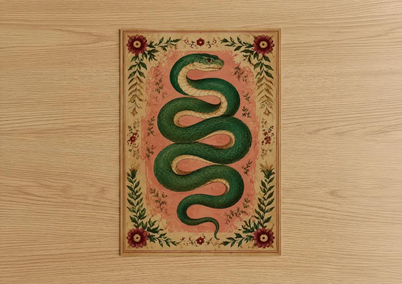Art print on warm oak wood — true green and peach palette — Vintage Botanical Snake Wall Art poster