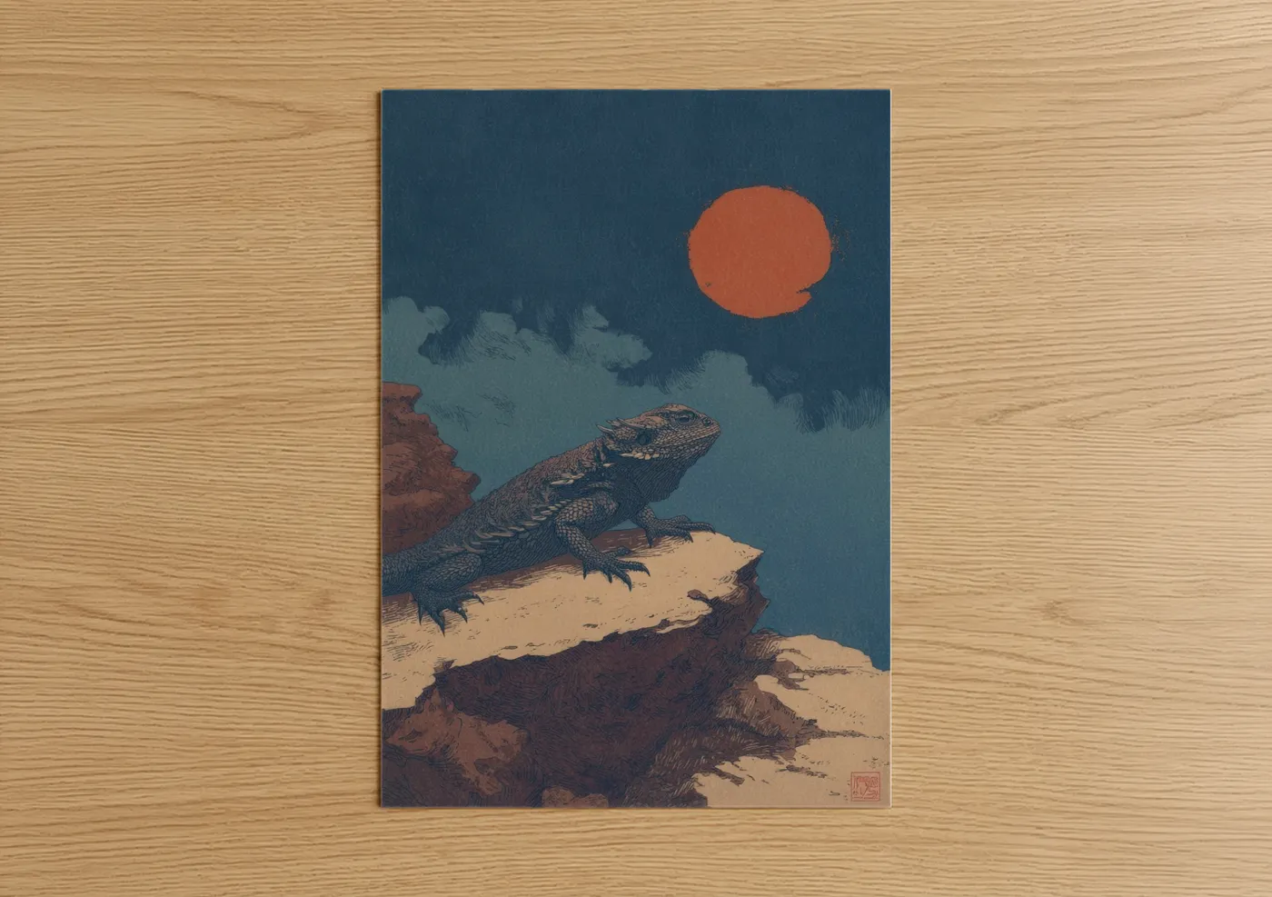 Art print on warm oak wood — dark blue and russet palette — Desert Lizard Sunset poster