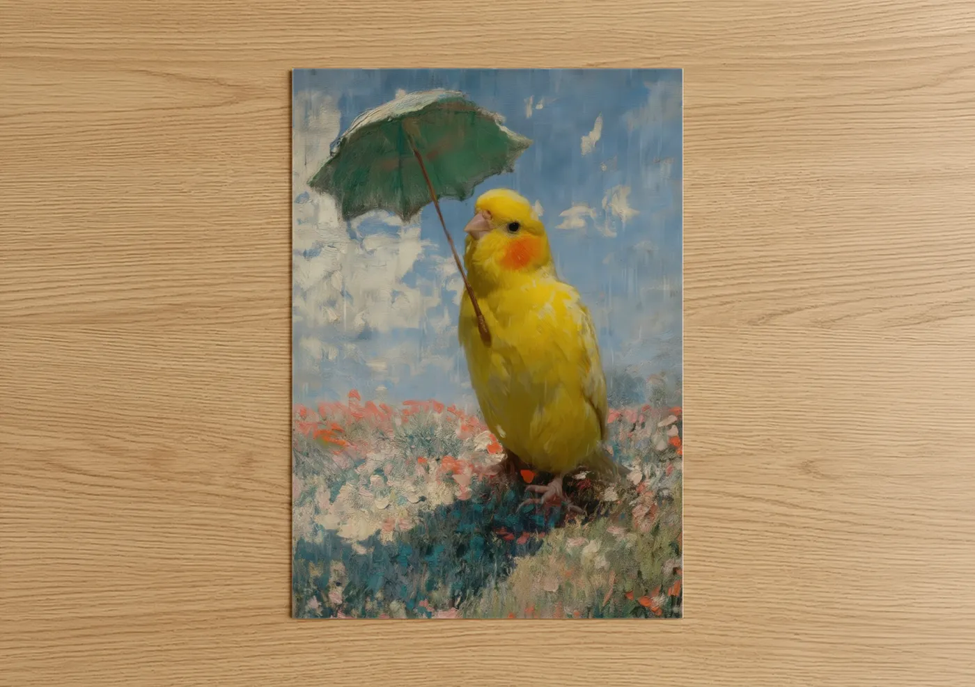 Yellow Canary With Green Umbrella Painting Wall Art