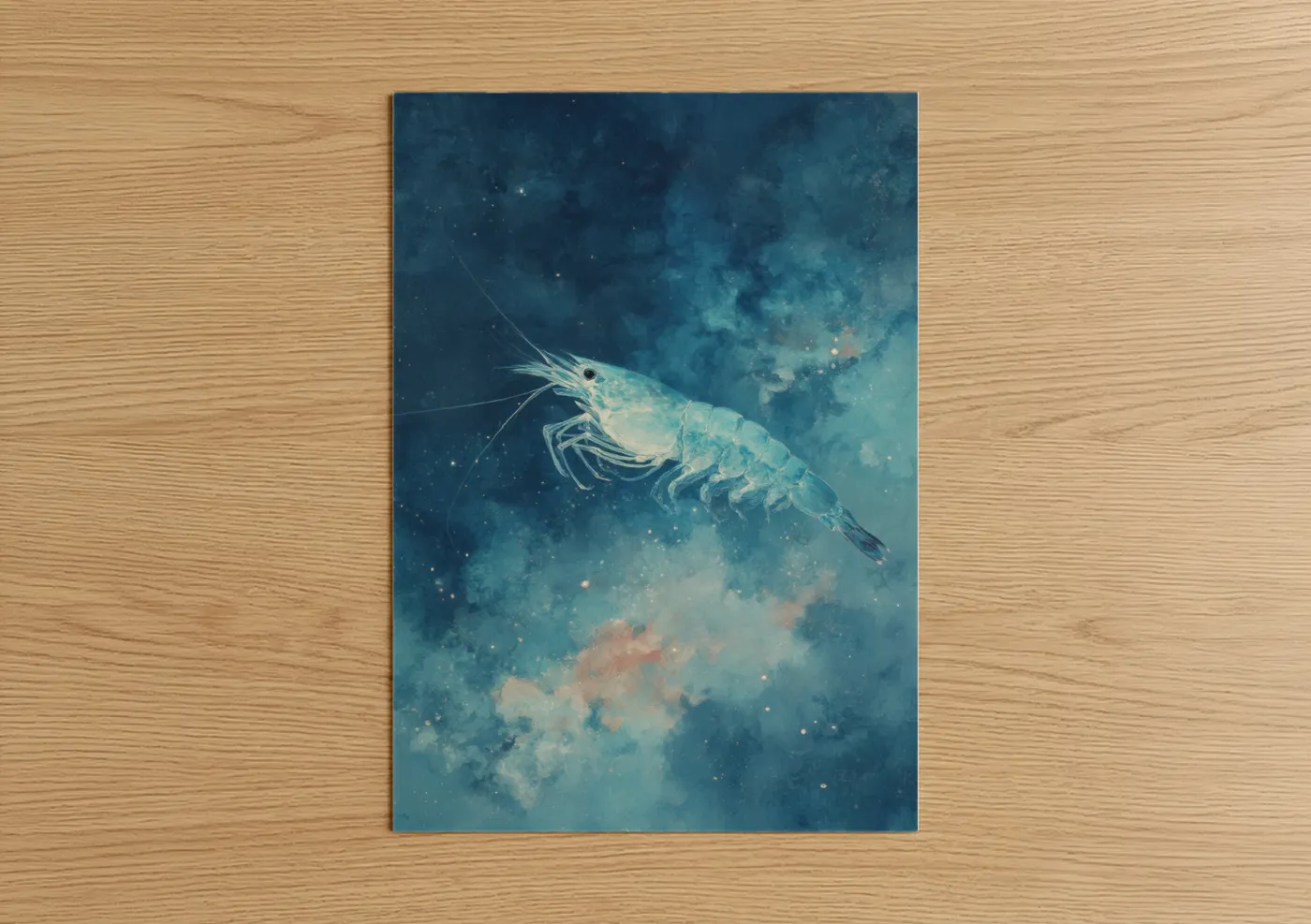 Art print on warm oak wood — blue and turquoise palette — Celestial Shrimp poster