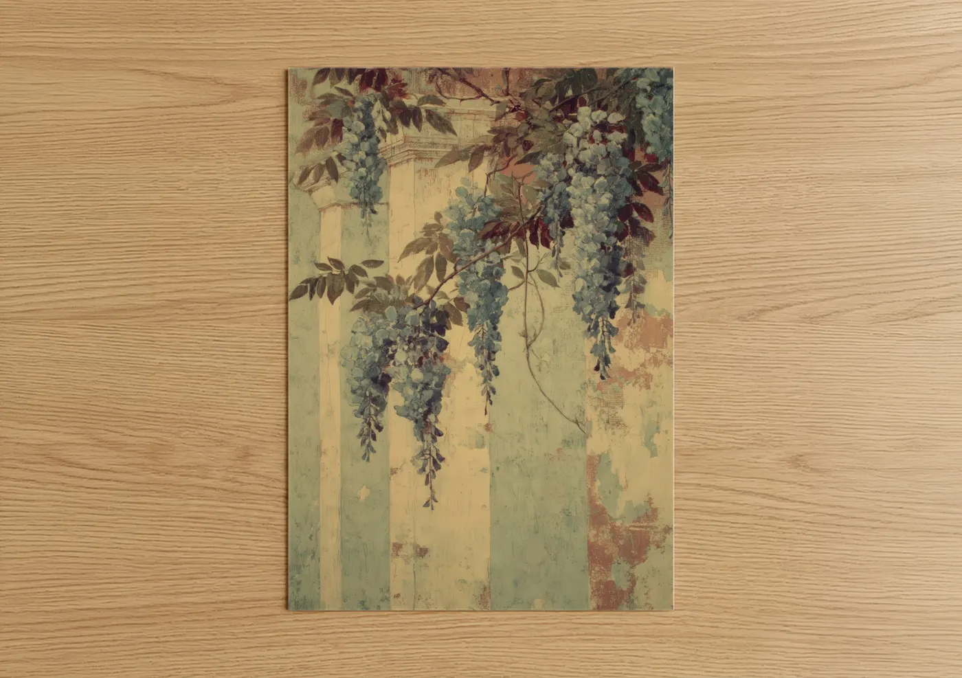 Art print on warm oak wood — sage green and cream palette — Cascading Wisteria poster