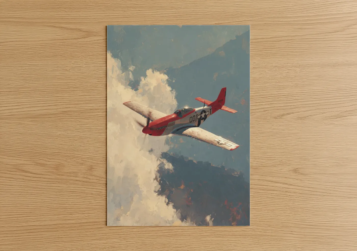 Propeller plane art print on warm oak wood — red and blue and white palette — Vintage Skies Plane poster