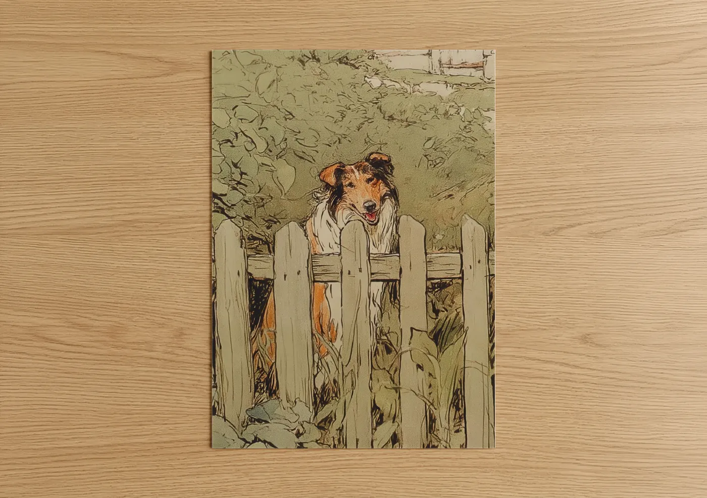 Shepherd dogs and collies art print on warm oak wood — russet and cream palette — Fence-Perching Collie poster