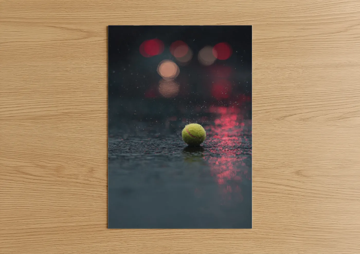 Tennis art print on warm oak wood — dark blue and red palette — Rainy Court Reflections poster