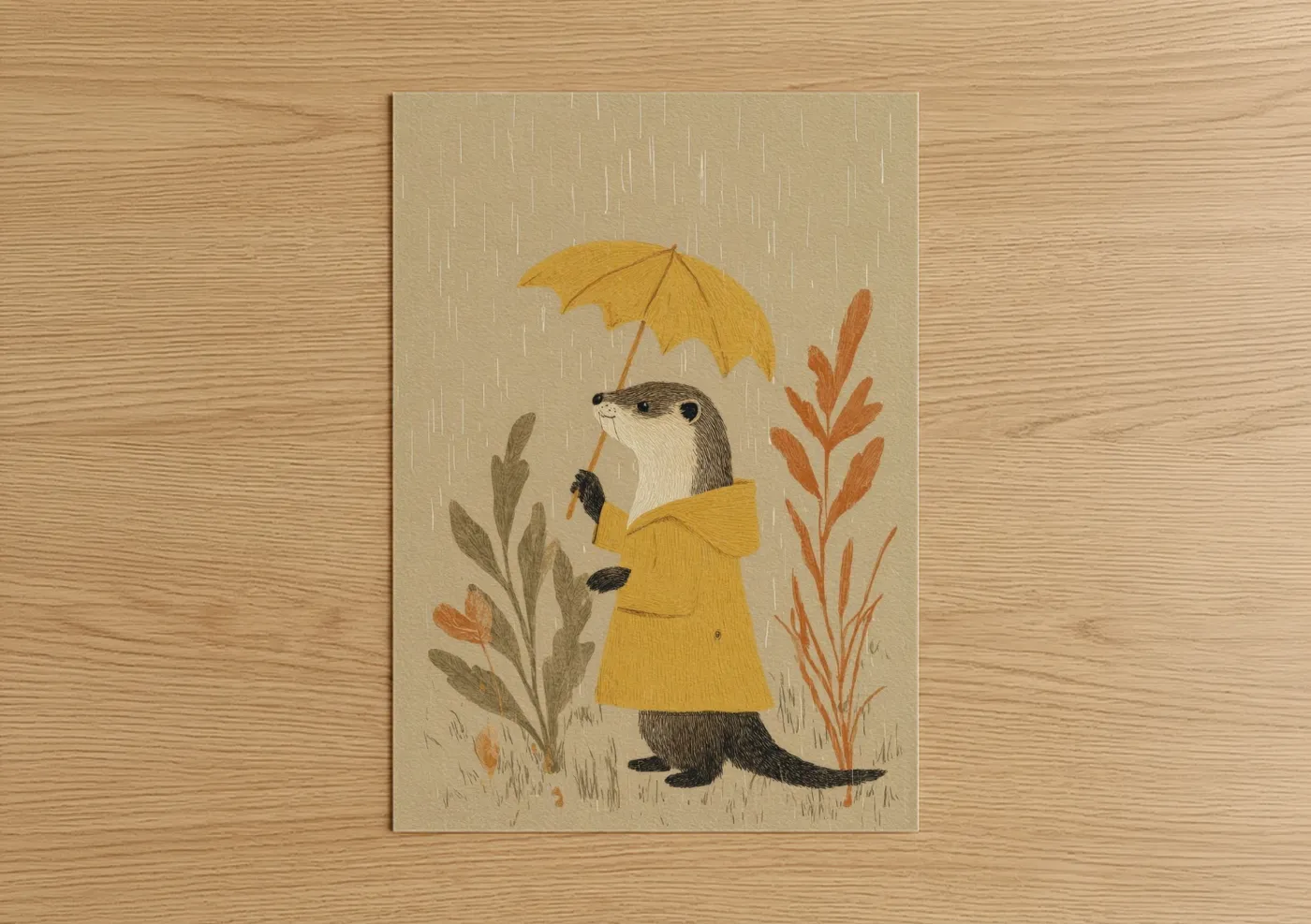 Rainy Day Weasel Illustration Wall Art