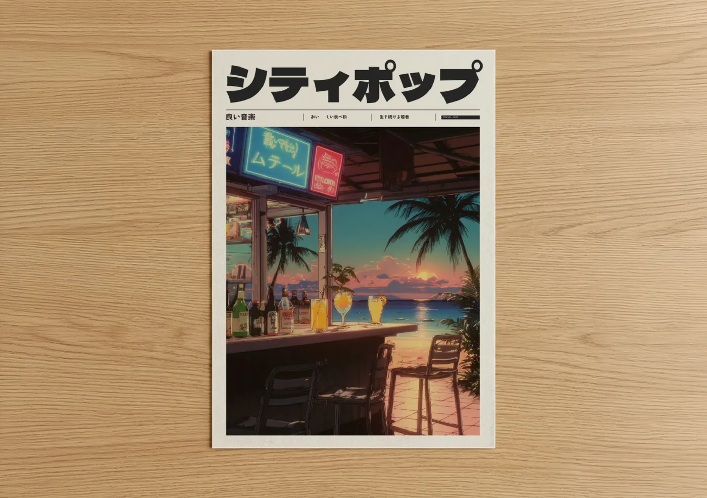 Anime and manga art print on warm oak wood — gold and blue palette — Neon Sunset Bar poster