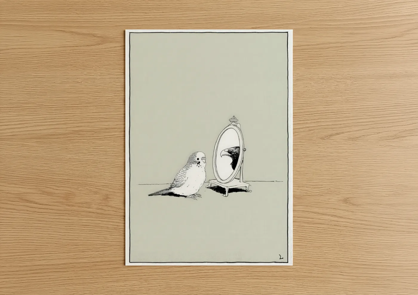 Budgeridar art print on warm oak wood — black and white and cream palette — Mirror Budgerigar poster
