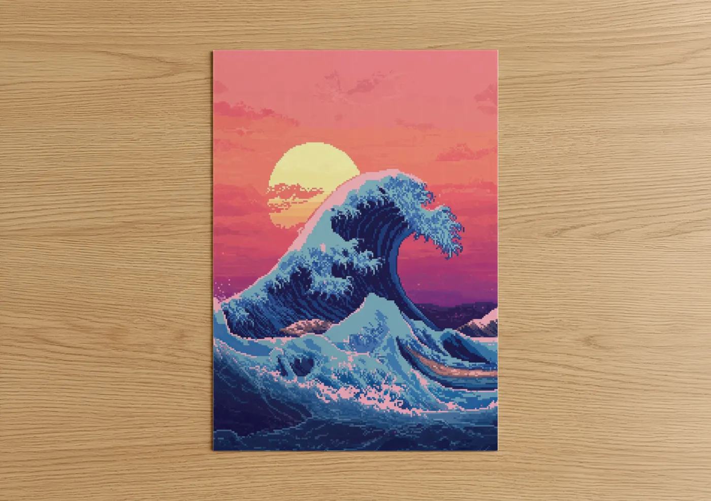 Seascapes and ocean art print on warm oak wood — blue and pink palette — Pixel Ocean Sunset poster