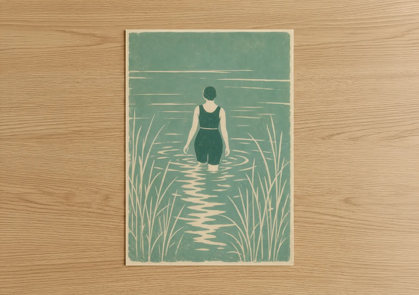 Swimming art print on warm oak wood — teal and cream palette — Vintage Swimmer In Lake Wall Art poster
