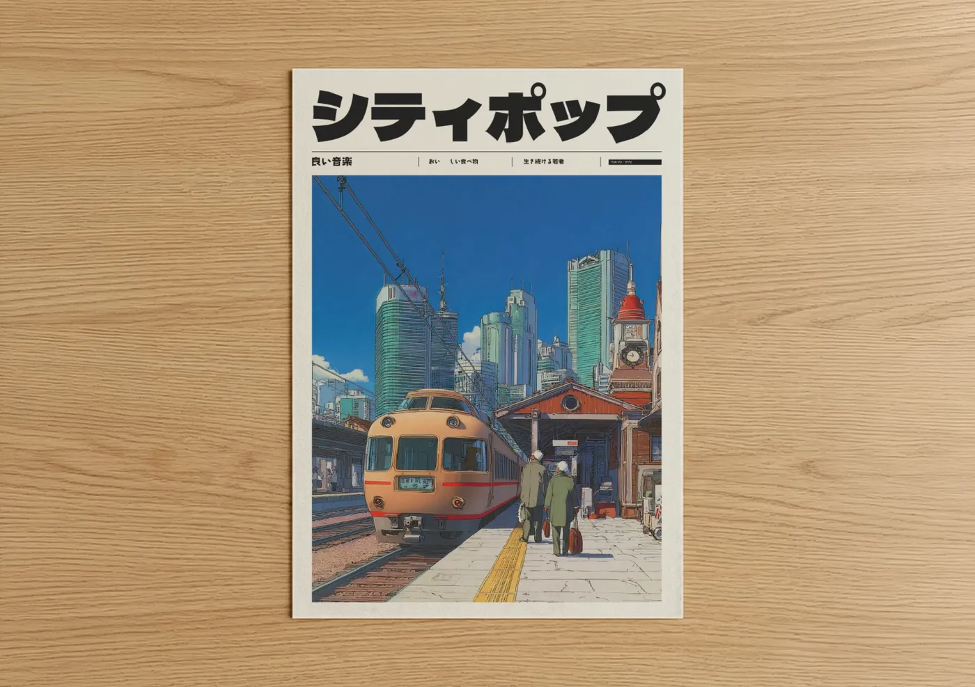Anime and manga art print on warm oak wood — blue and orange palette — Retro Train Station poster