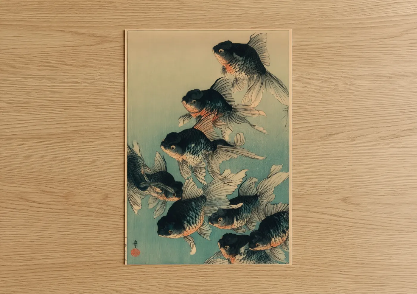 Art print on warm oak wood — teal and black and gold palette — Goldfish School poster