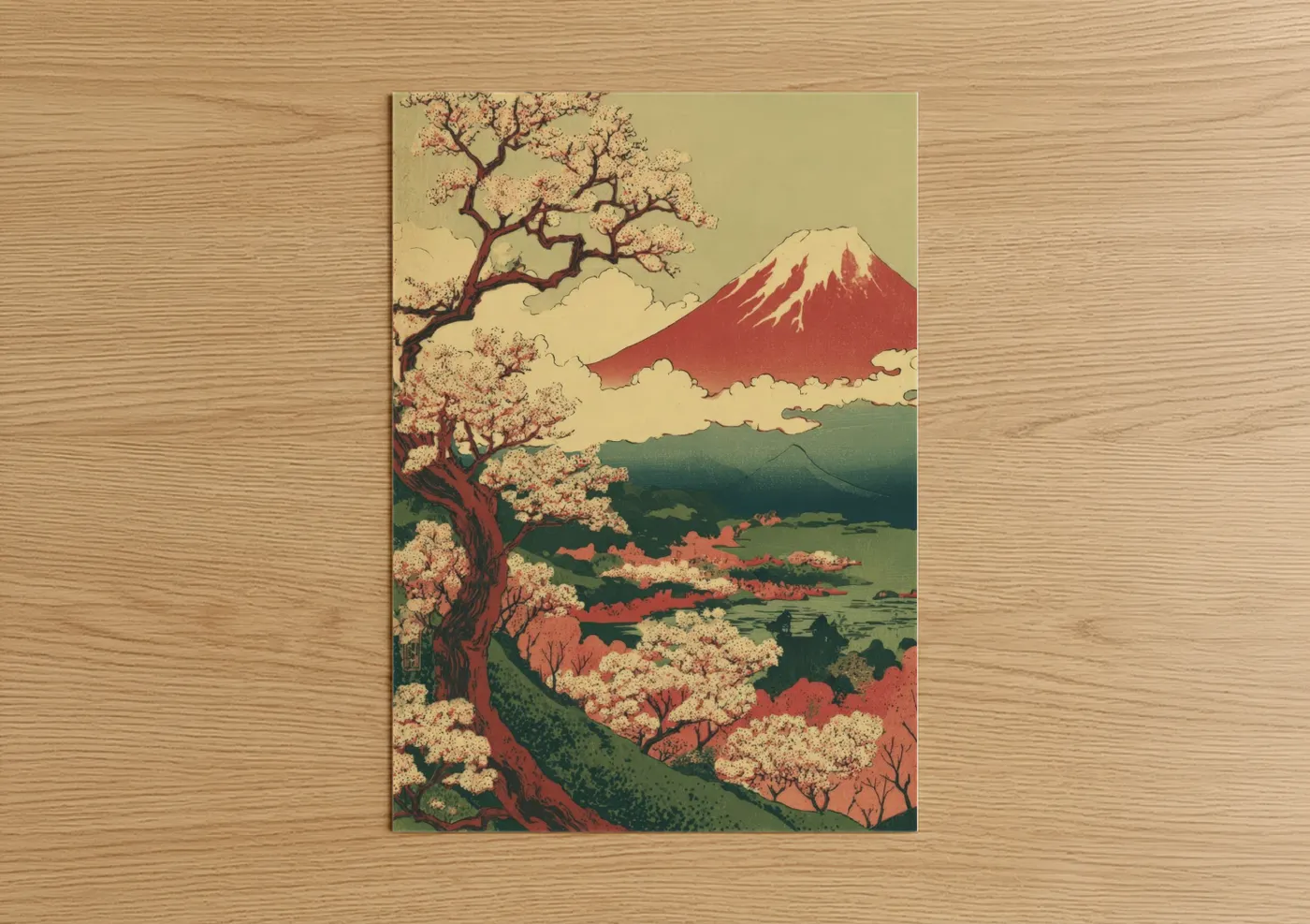 Cherry Blossom Volcano Mountain Landscape Wall Art