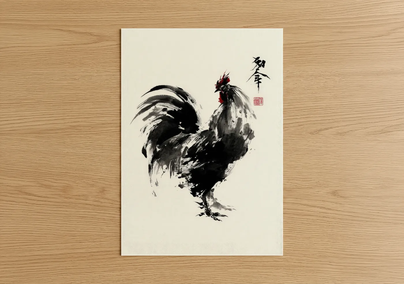 Chicken and roosters art print on warm oak wood — black and white and red palette — Spirited Rooster poster