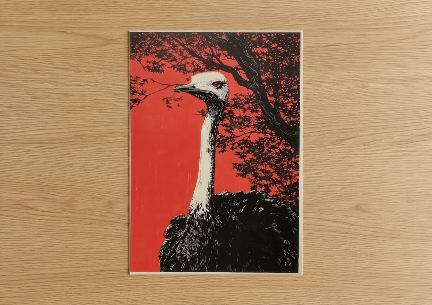 Crimson Ostrich Portrait Black White Wall Art