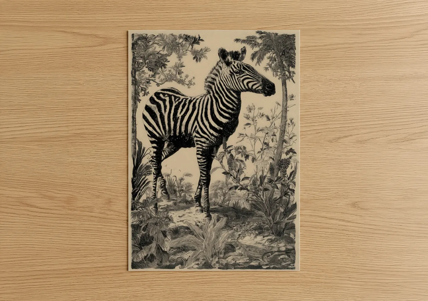 Botanical Zebra Engraving Black And White Wall Art