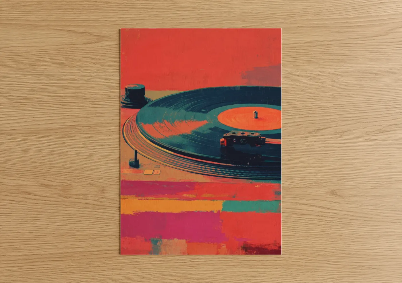 Vinyl records art print on warm oak wood — red and teal palette — Retro Turntable poster