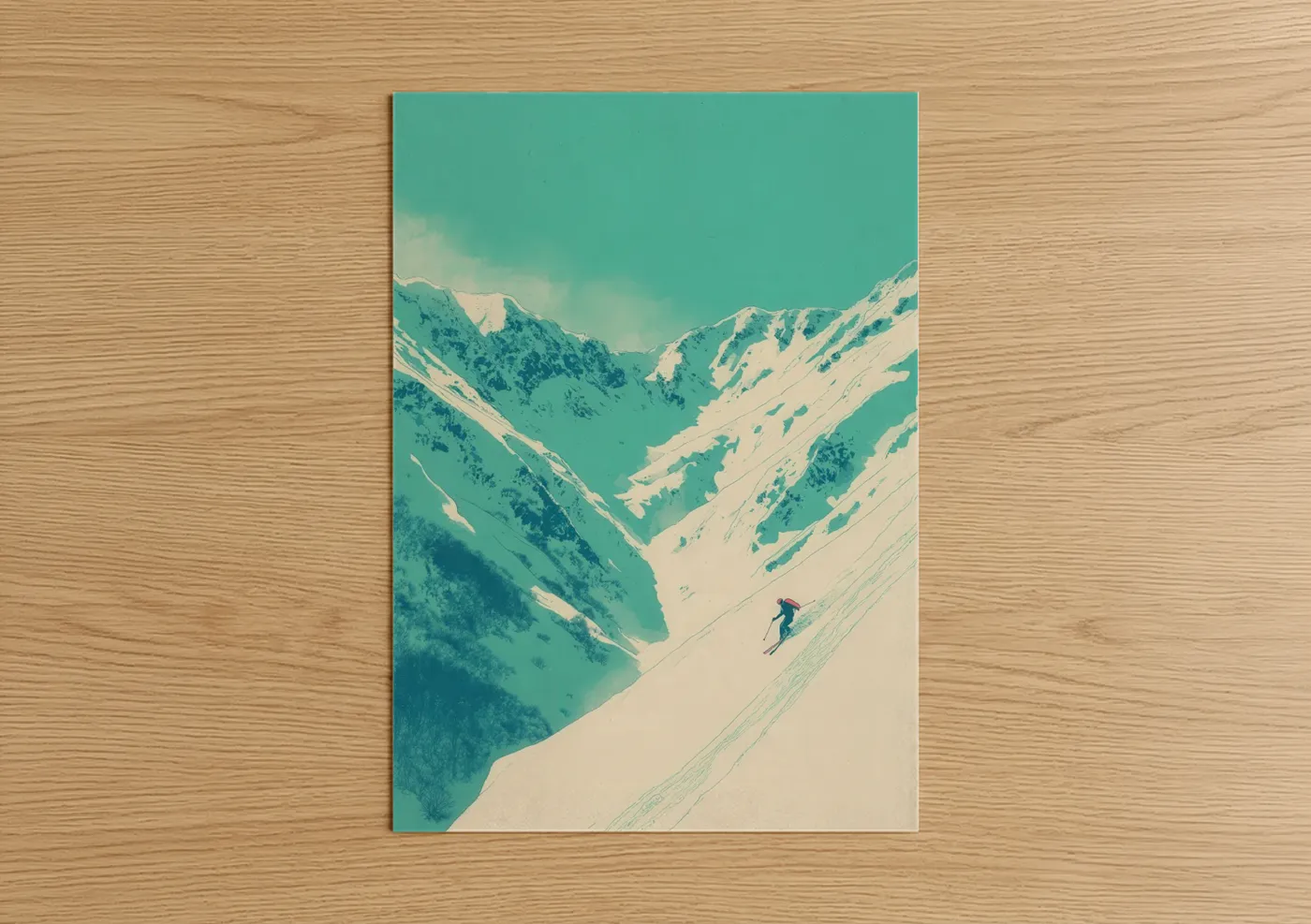Skiing art print on warm oak wood — turquoise and cream palette — Alpine Descent poster