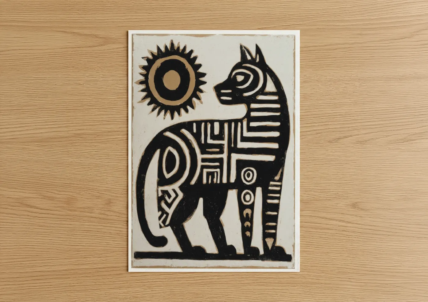 Abstract traditional art print on warm oak wood — black and cream palette — Sacred Sun Horse poster