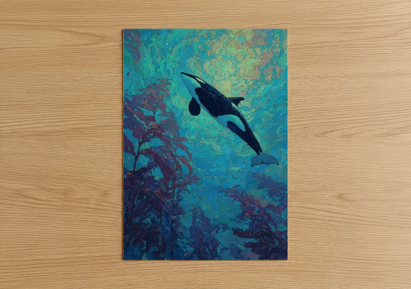 Orca whale art print on warm oak wood — teal and blue palette — Midnight Orca poster