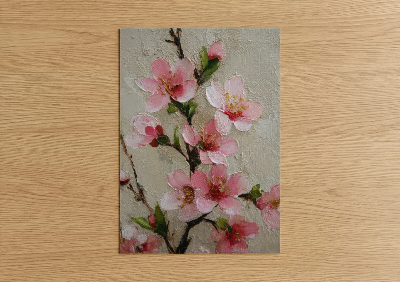 Art print on warm oak wood — pink and cream palette — Pink Cherry Blossoms poster