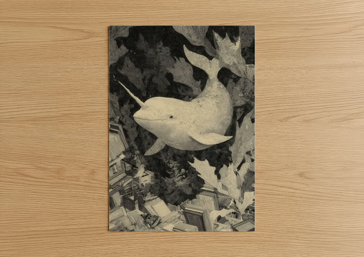 Art print on warm oak wood — black and white and cream palette — Arctic Narwhal poster