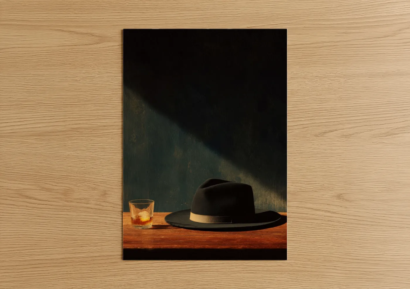 Black Fedora Hat Whiskey Glass Still Life Wall Art