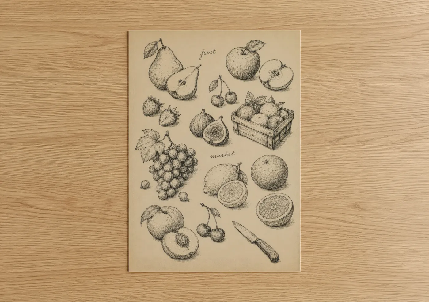 Art print on warm oak wood — beige and cream palette — Vintage Fruit Illustration Kitchen Wall Art poster