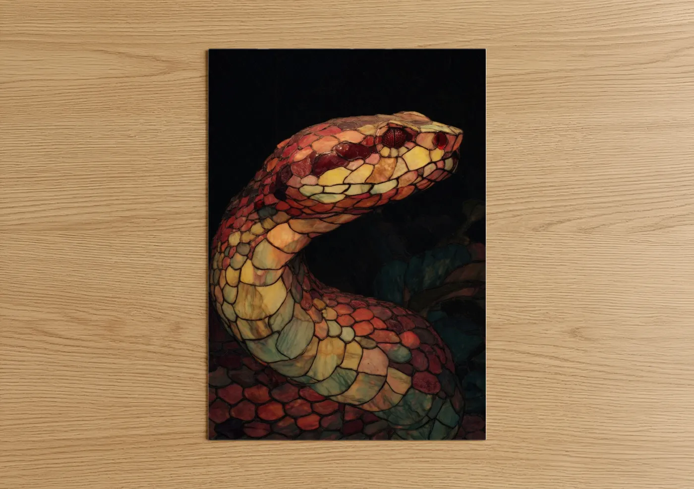 Art print on warm oak wood — red and gold palette — Crimson Python Portrait poster