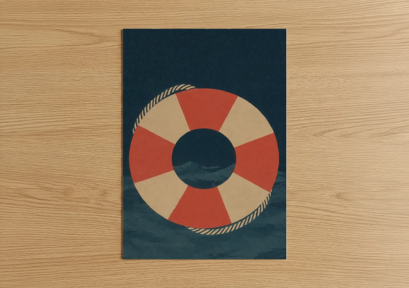 Art print on warm oak wood — red and cream palette — Vintage Life Ring poster