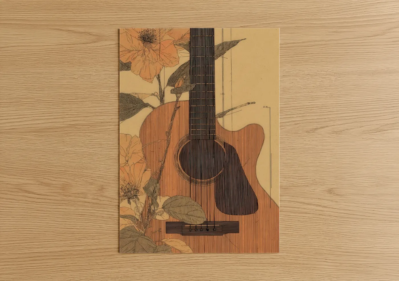 Acoustic guitar art print on warm oak wood — gold and brown palette — Botanical Guitar poster