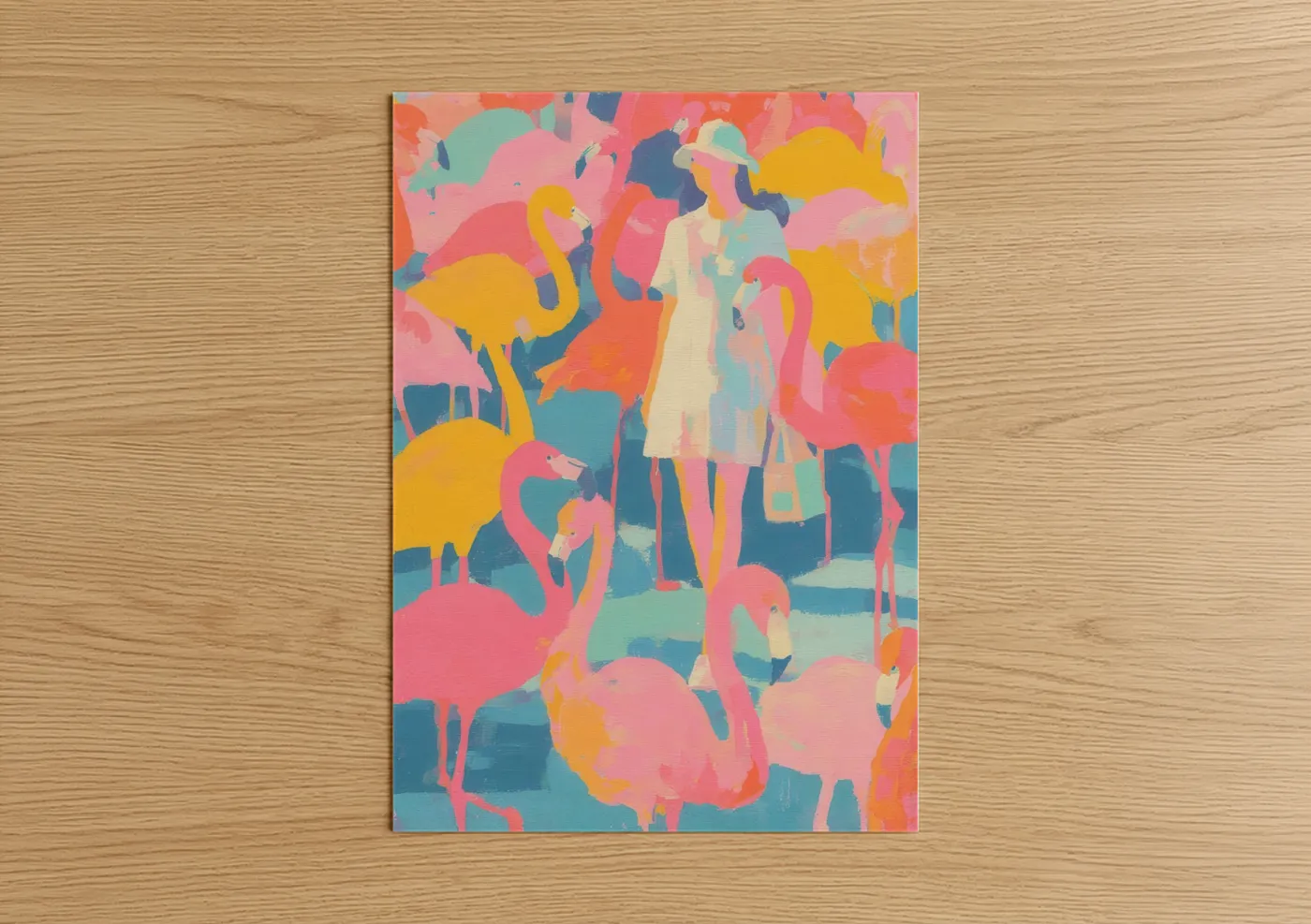 Fashion illustration art print on warm oak wood — pink and yellow palette — Flamingo Fashion poster