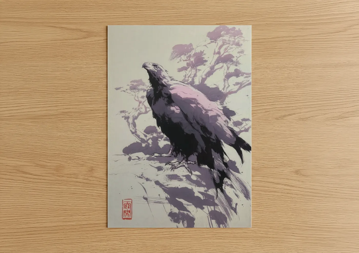 Art print on warm oak wood — lavender and black palette — Majestic Eagle poster