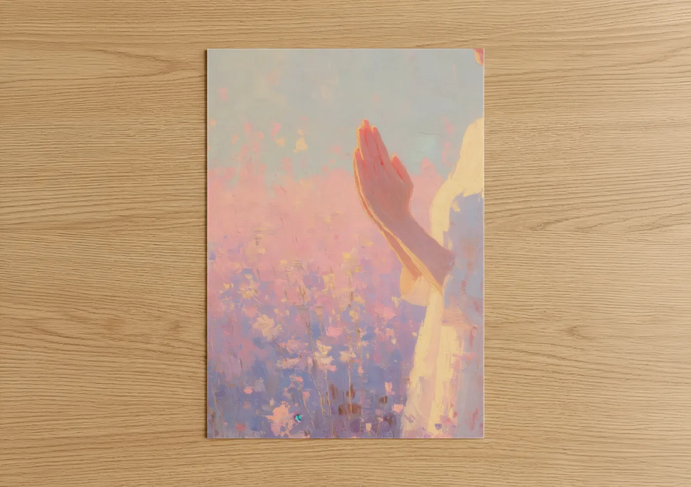 Fitness yoga art print on warm oak wood — peach and lavender palette — Spiritual Yoga Pose poster