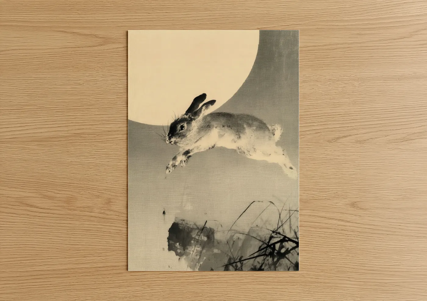 Leaping Rabbit Black and White Ink Wall Art