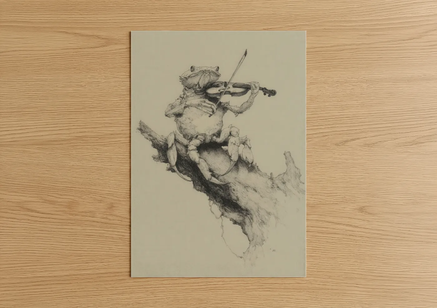 Art print on warm oak wood — black and white and beige palette — Musician Crab poster