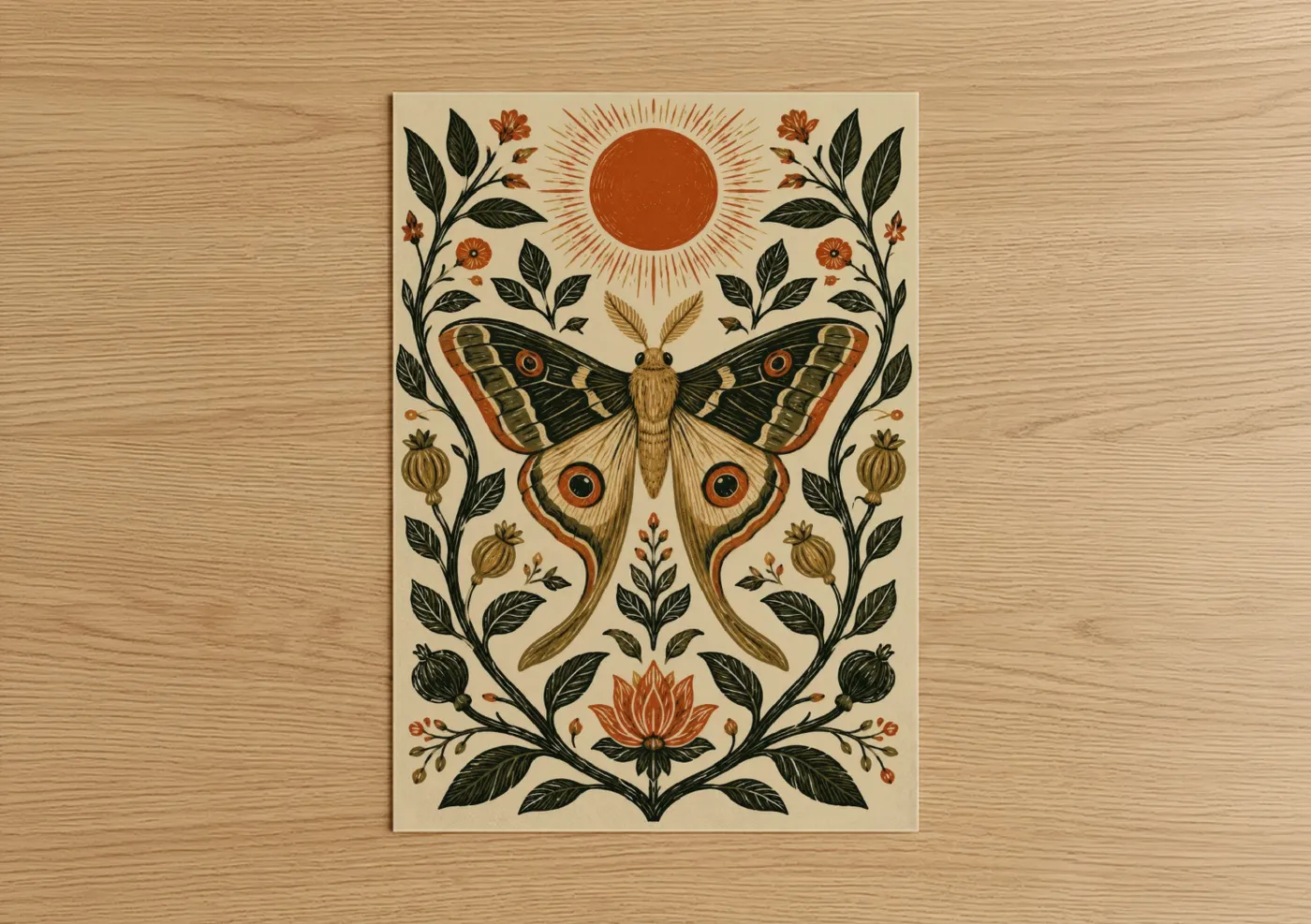 Butterfly art print on warm oak wood — orange and cream palette — Botanical Moth And Sun Wall Art poster