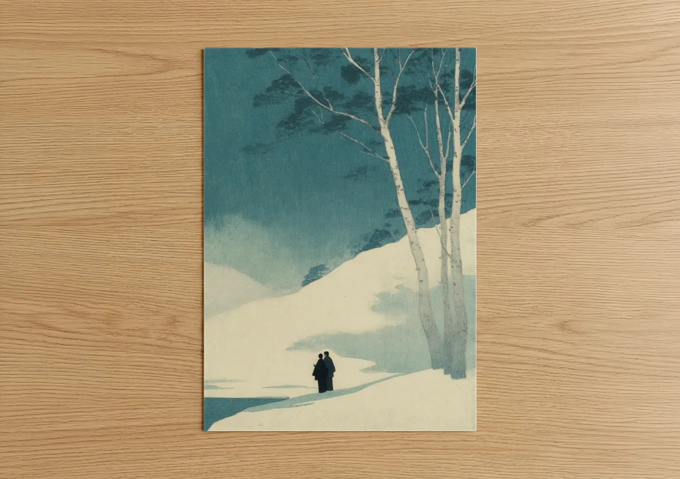 Art print on warm oak wood — teal and cream palette — Snowy Couple poster