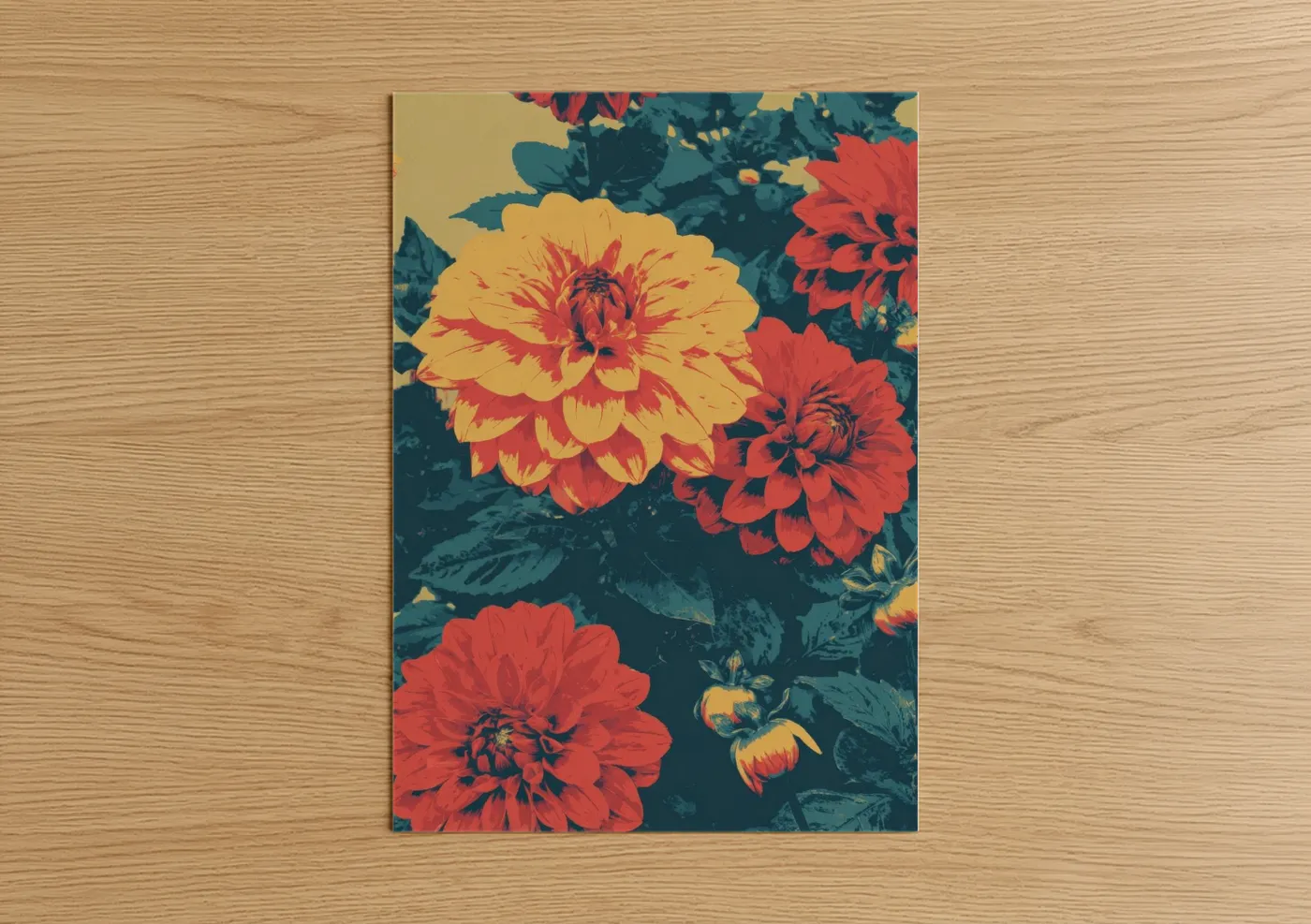 Art print on warm oak wood — gold and red palette — Vibrant Dahlia Garden poster