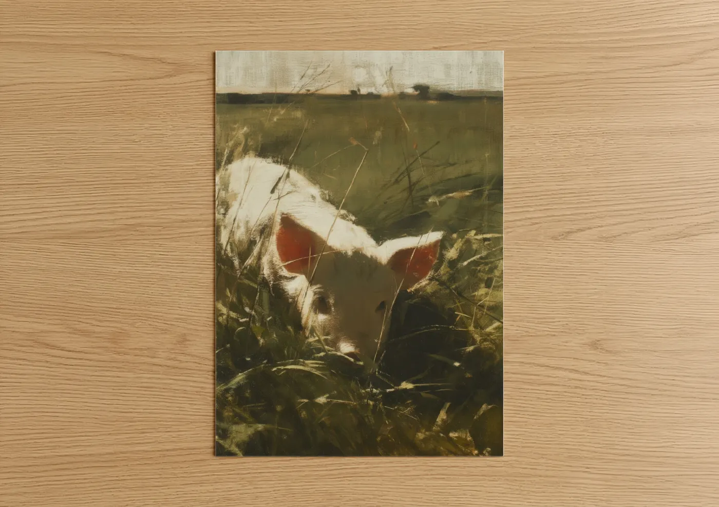 Art print on warm oak wood — olive and cream palette — Rustic Field Pig poster