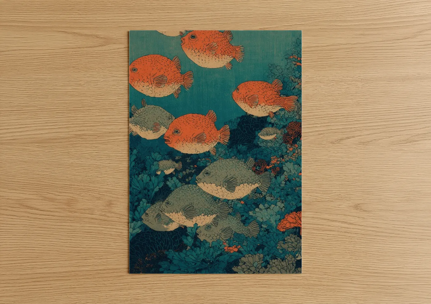 Art print on warm oak wood — teal and orange palette — Coral Puffer Fish poster
