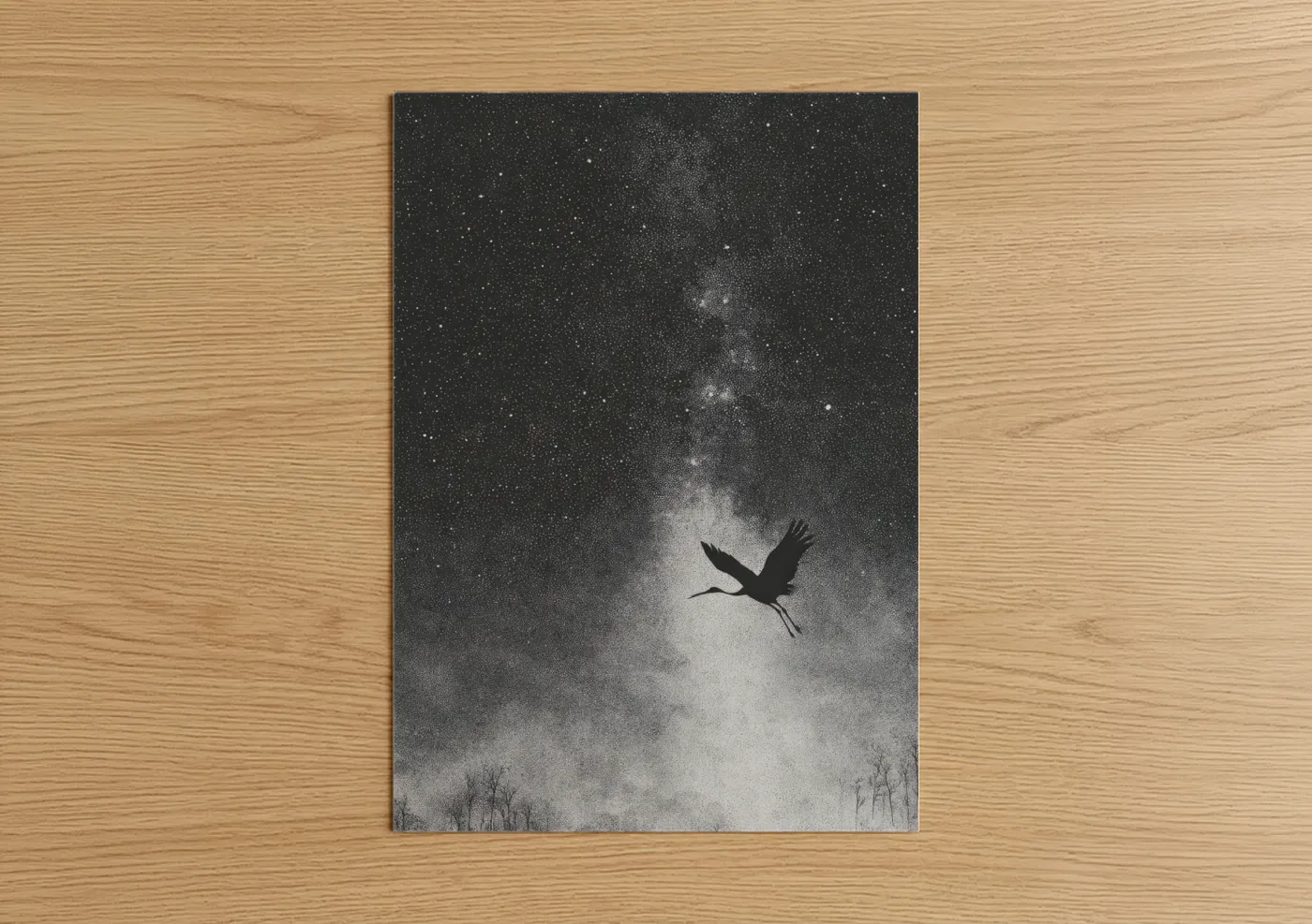 Milky way art print on warm oak wood — black and white palette — Cosmic Heron poster