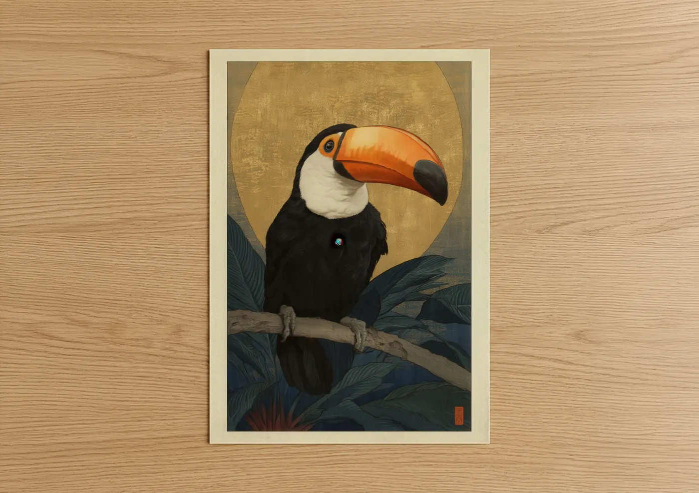 Golden Toucan Portrait with Blue Foliage Wall Art