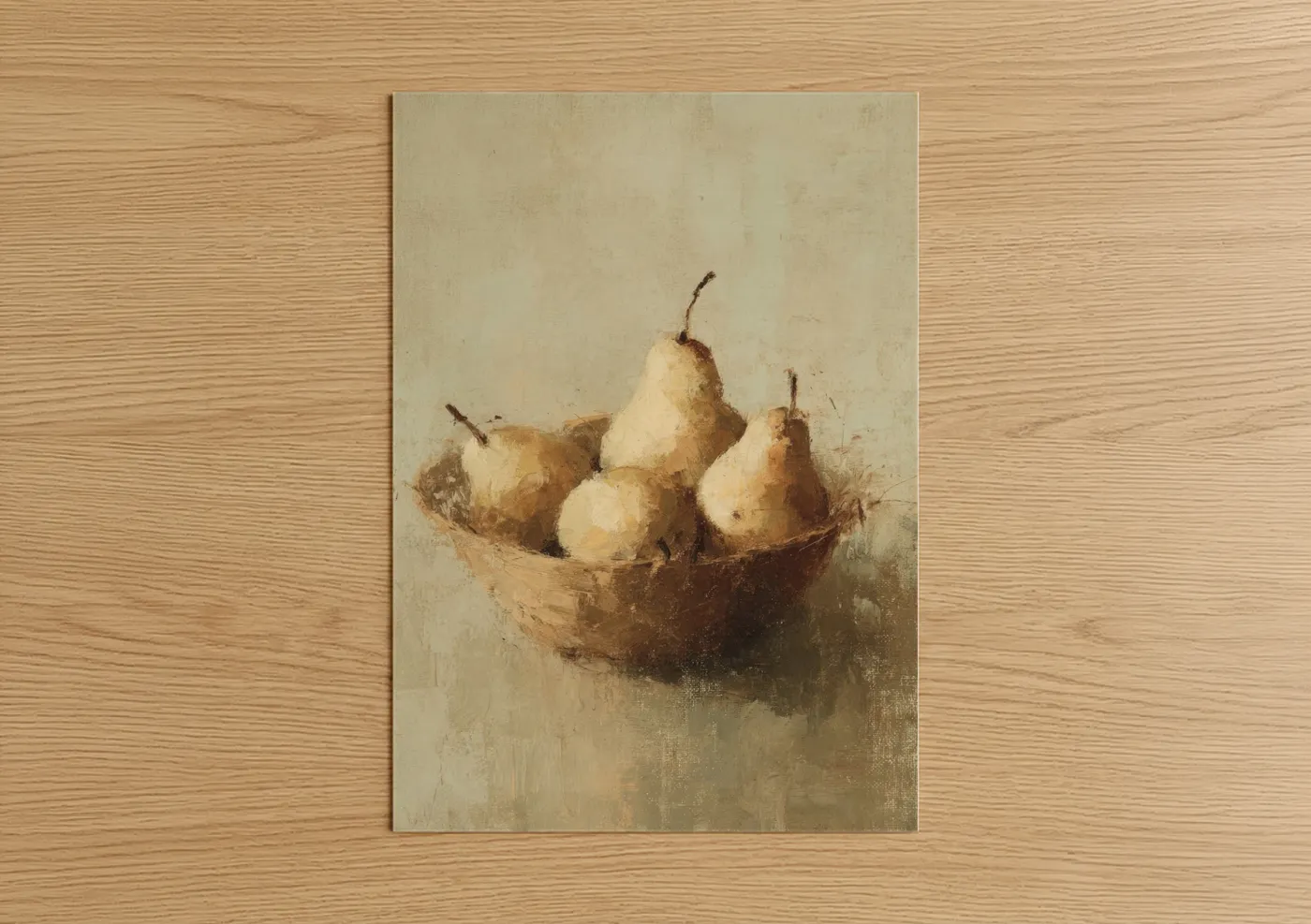 Fruit art print on warm oak wood — cream and brown palette — Golden Pears Still Life poster