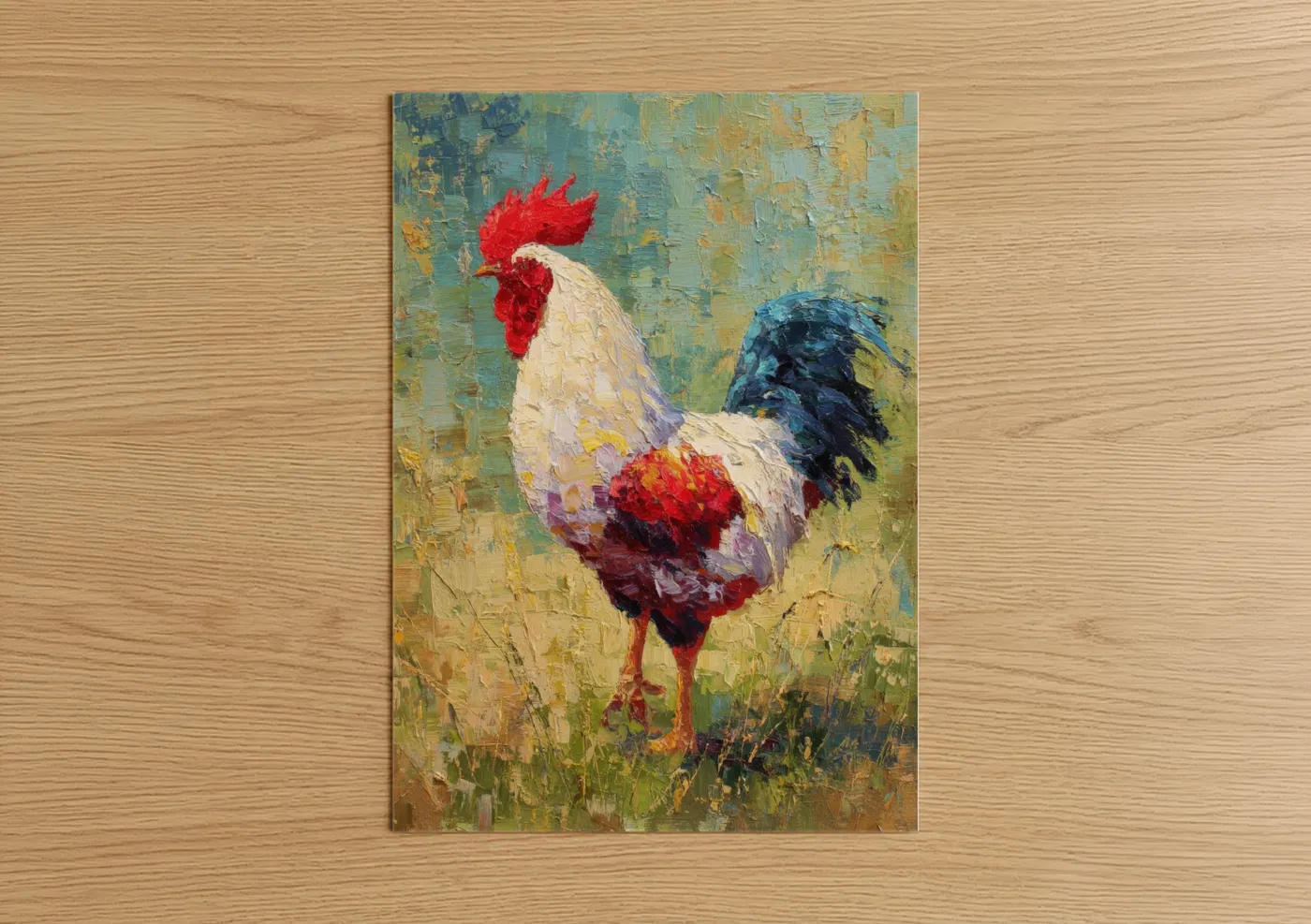 Chicken and roosters art print on warm oak wood — gold and blue palette — Rustic Rooster poster