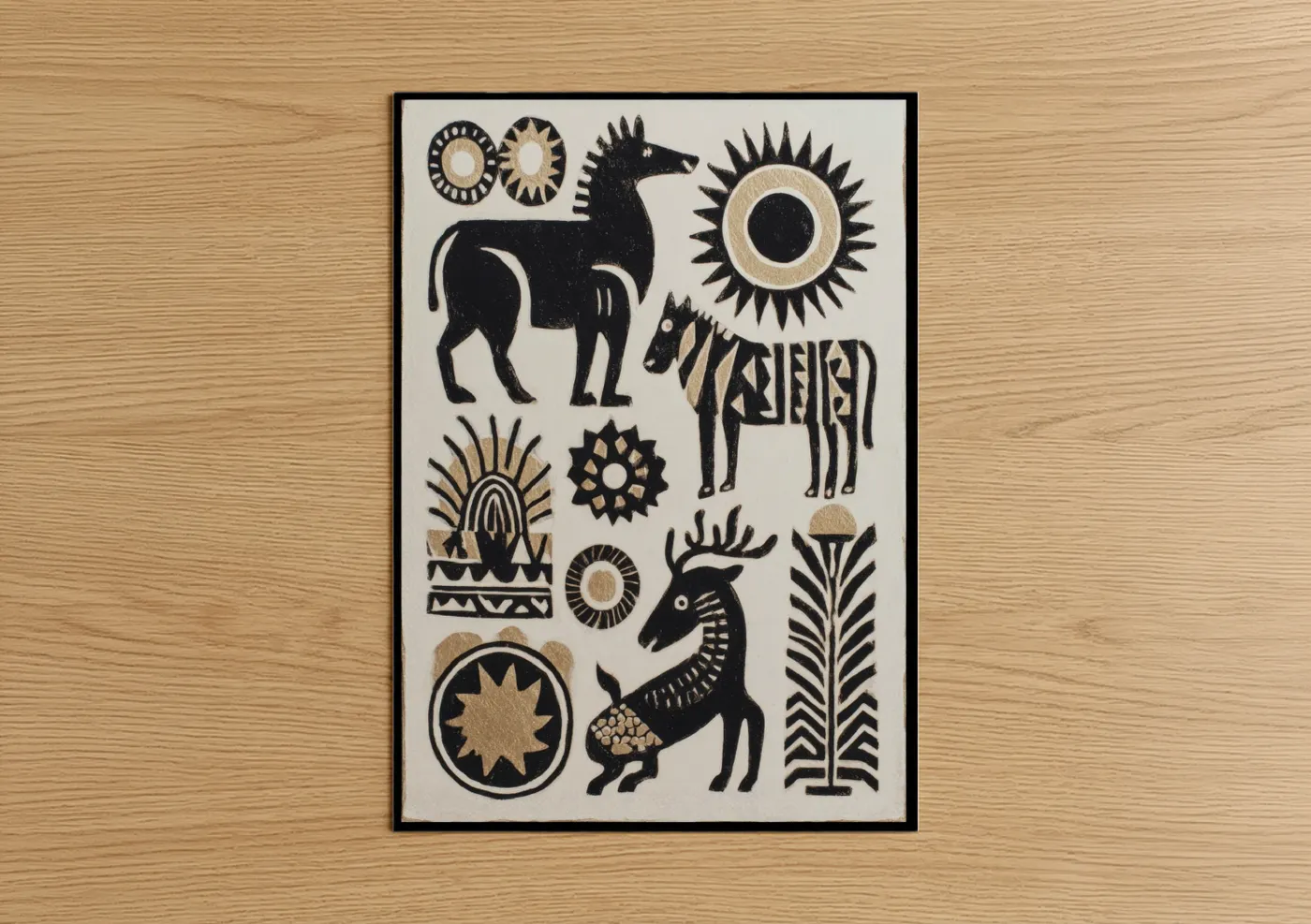 Abstract traditional art print on warm oak wood — black and gold palette — Tribal Animals poster