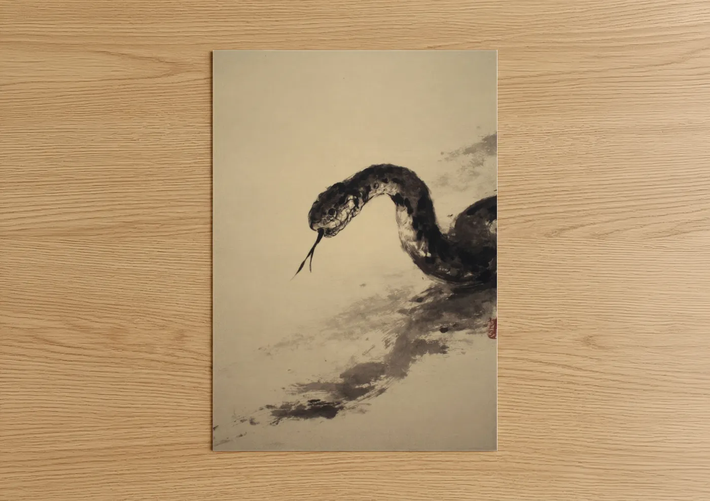 Coiled Rattlesnake Asian Ink Painting Wall Art