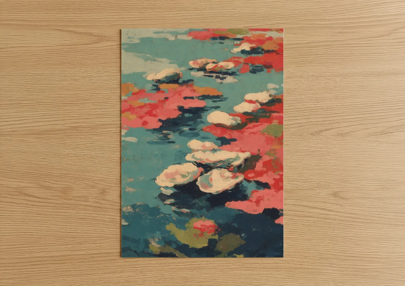 Art print on warm oak wood — teal and salmon pink palette — Coral Oyster Bed poster