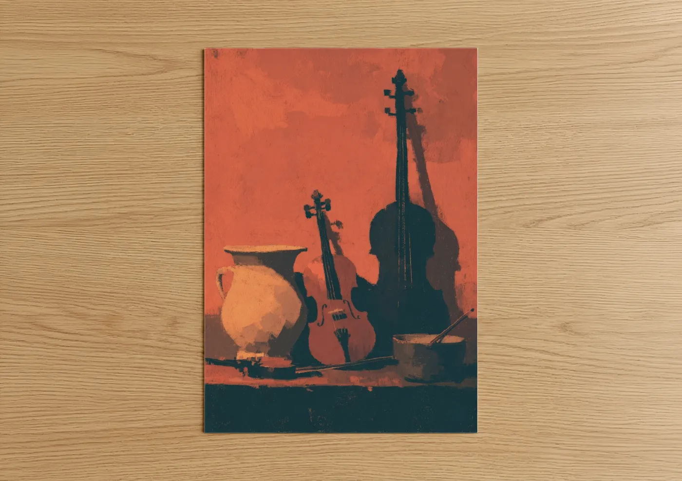 Art print on warm oak wood — orange palette — Classical Orchestra Silhouette poster