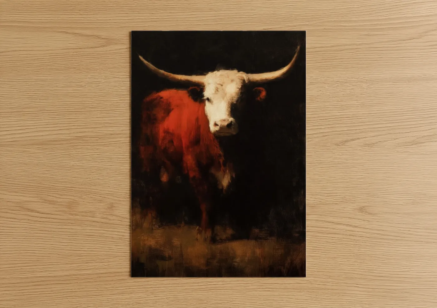 Hereford cow art print on warm oak wood — red and cream palette — Crimson Longhorn poster