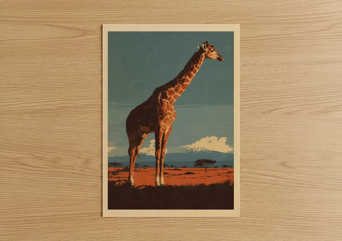 Art print on warm oak wood — gold and teal palette — Savanna Giraffe poster